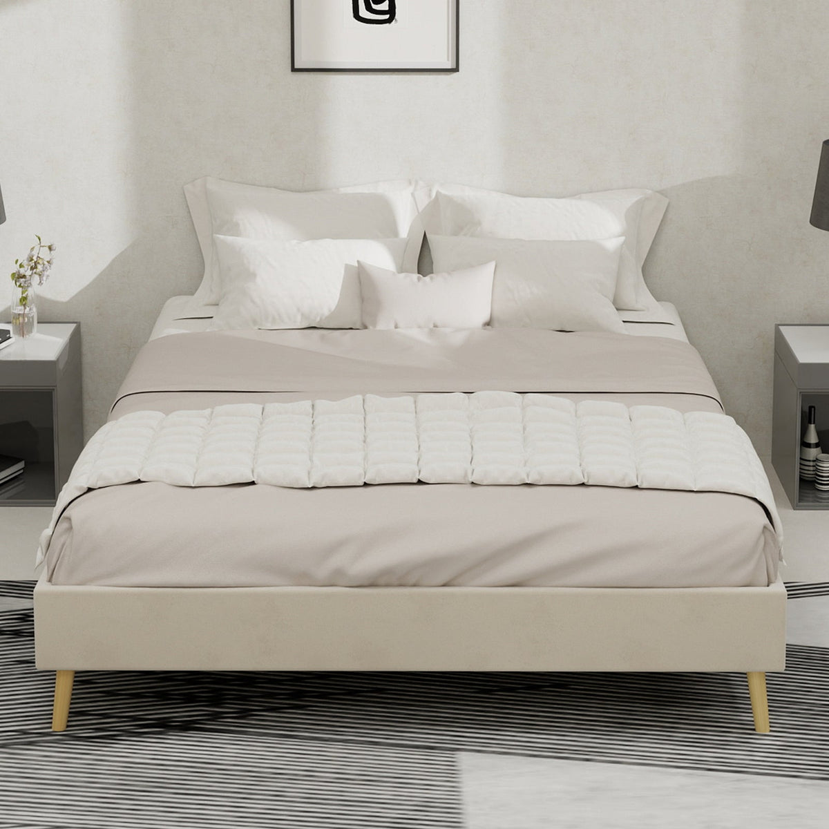 Modern Minimalist Bed Frame 140x200 Low-Profile Base - Beige Dutch Velvet