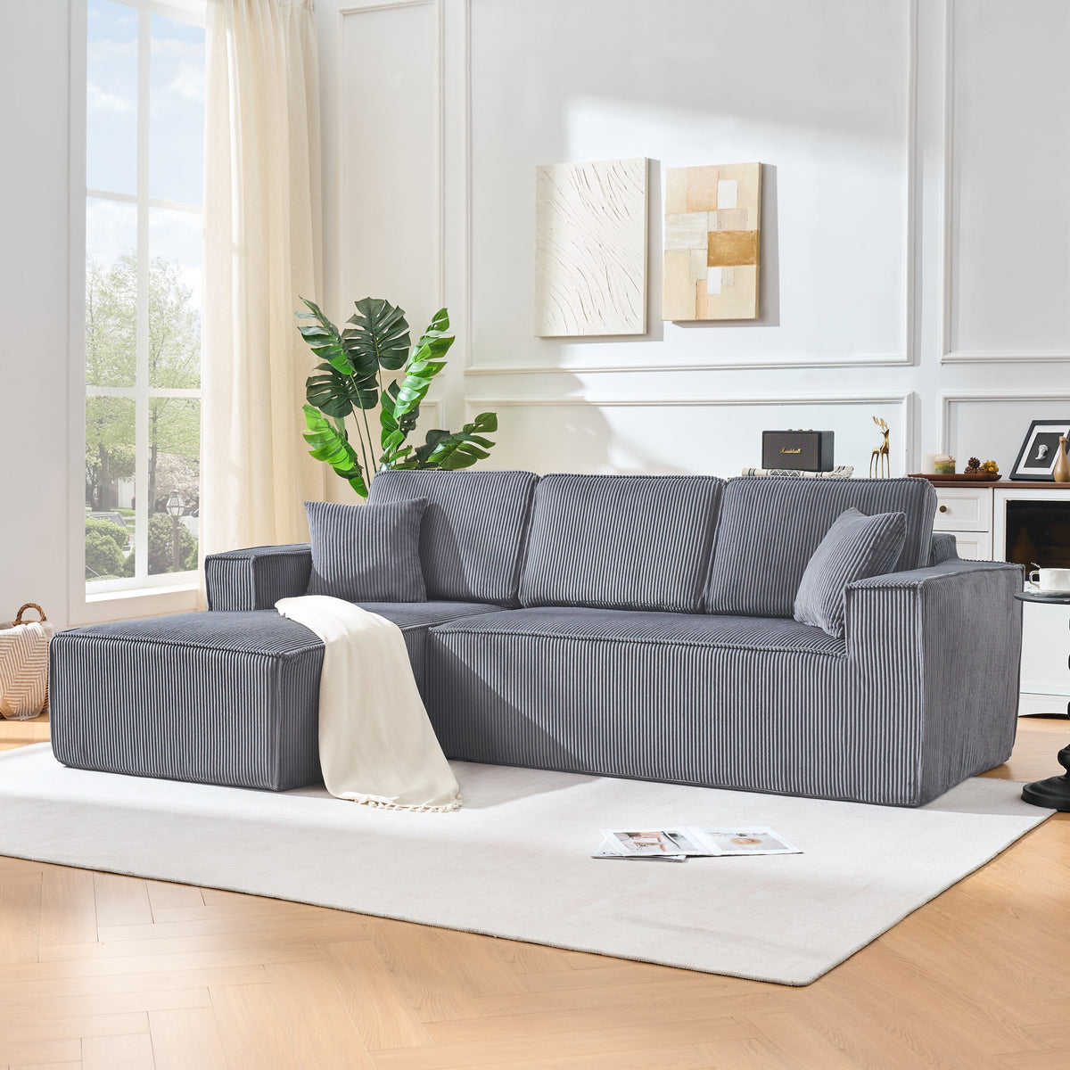 L-Shaped Modular Corner Sofa with Chaise Longue and High-Density Foam, Grey Corduroy