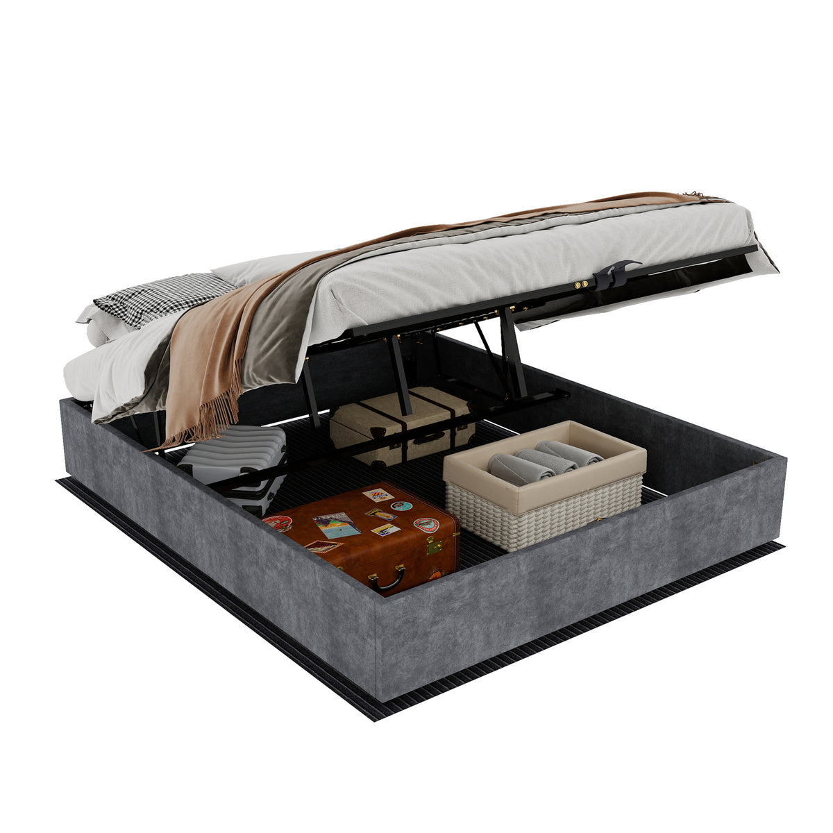 Modern Minimalist Bed Frame 160x200 with Mattress, Gray Velvet