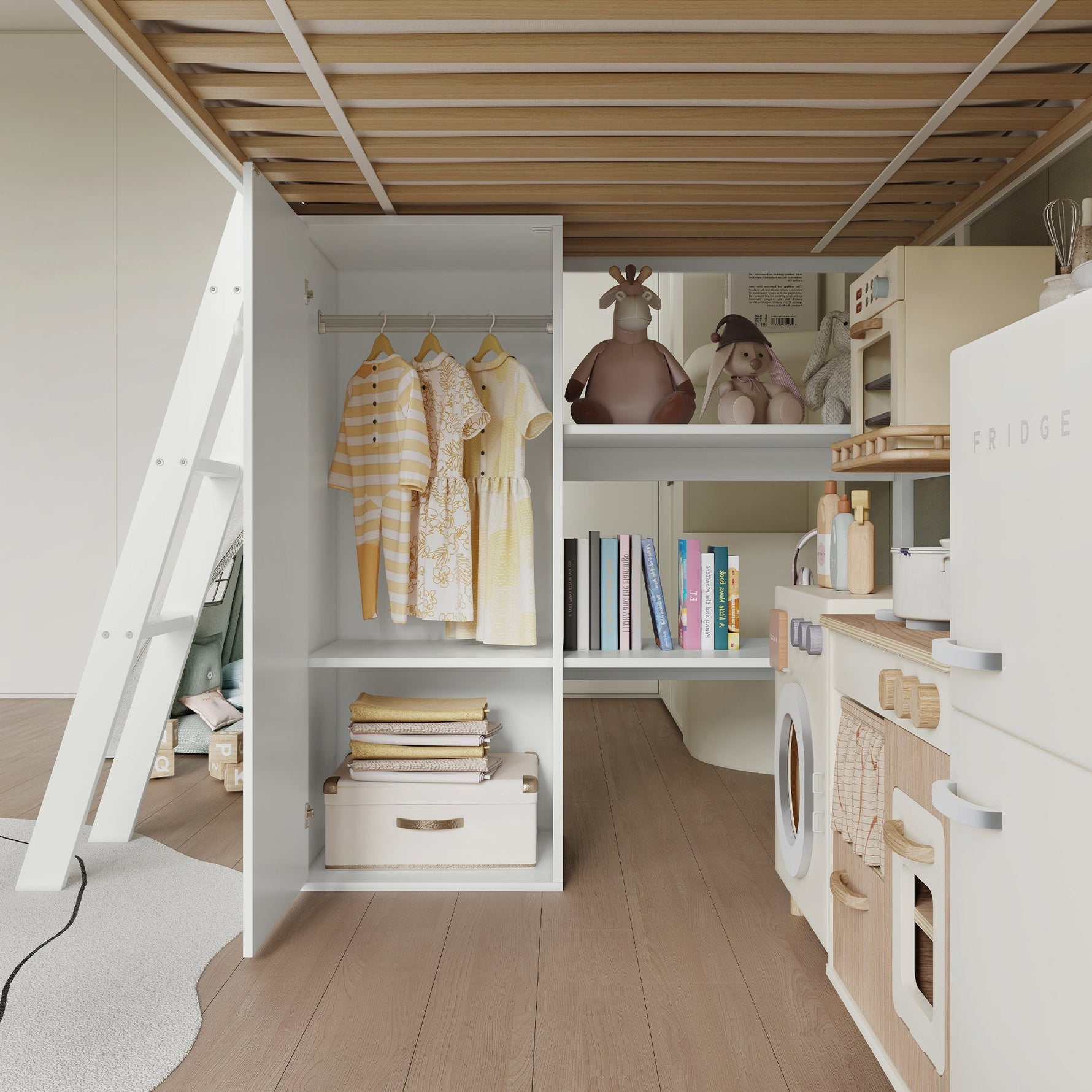 Loft Bed with Slide & Storage, Pine + MDF + Plywood, White + Natural