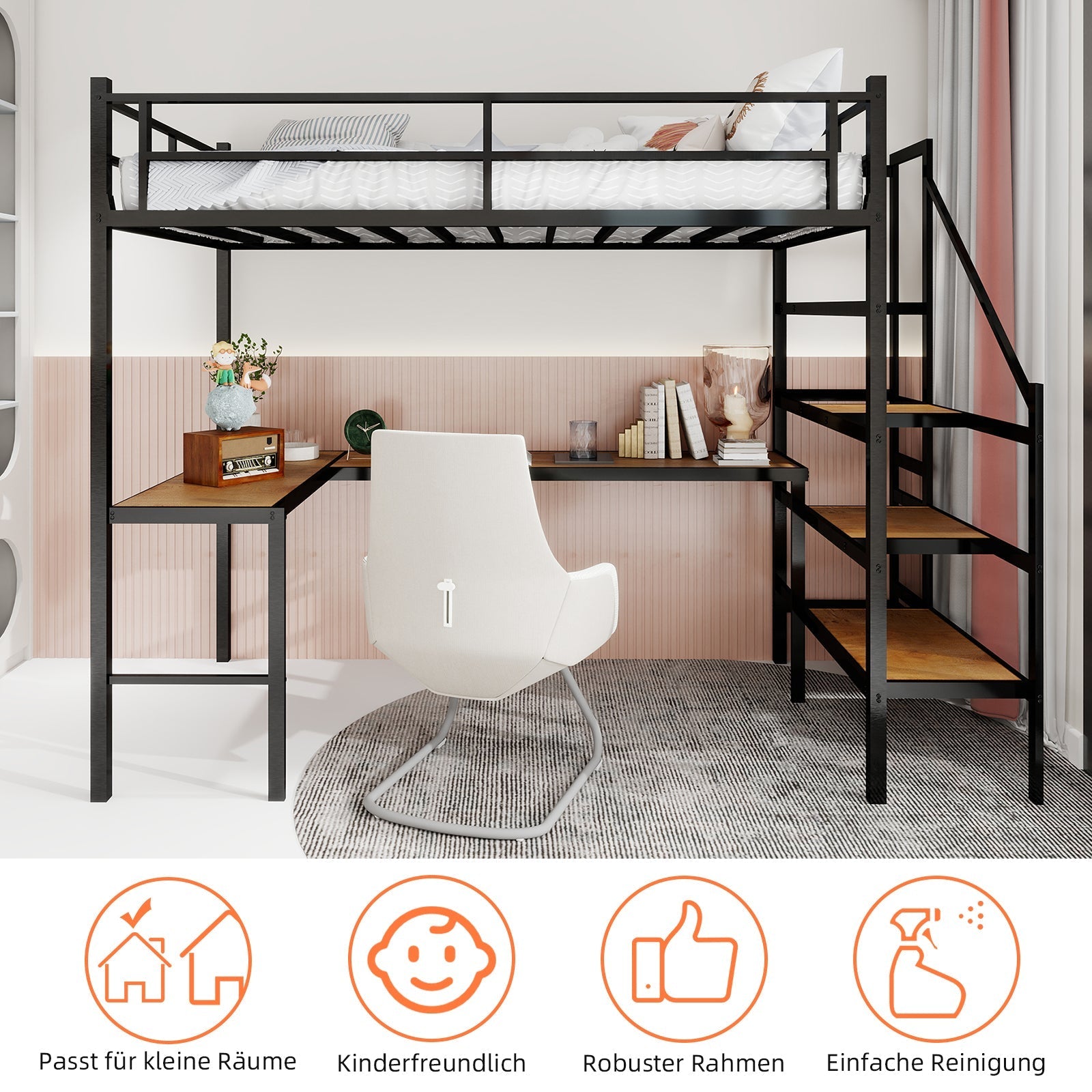 Loft Bed with L-shaped Desk, Storage & Stairs, Sturdy Metal