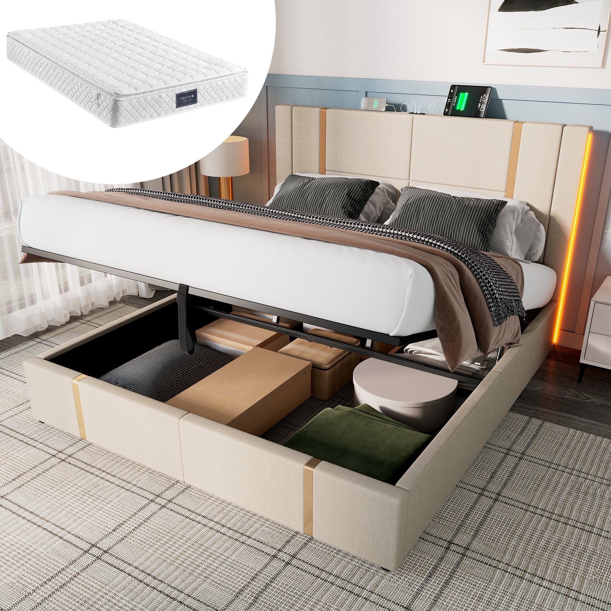 Upholstered Double Bed, USB C LED Storage Frame, Beige Linen