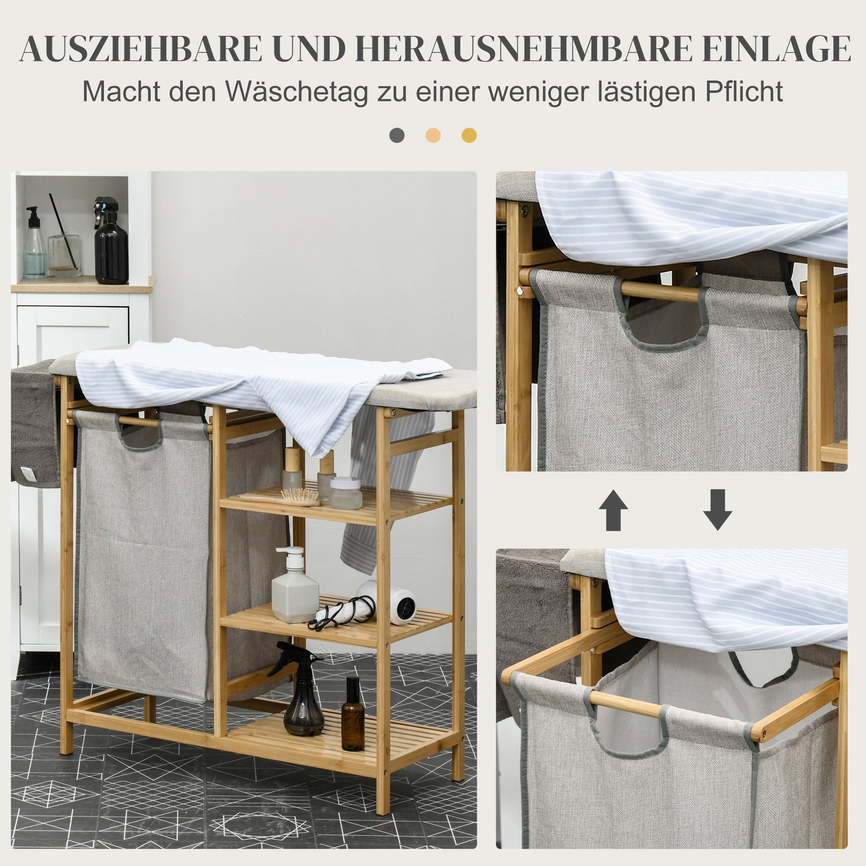 Laundry Basket Hamper with Ironing Board, 3-Tier Shelf, Removable Bag