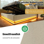 Upholstered Single Bed 90x200cm, Hydraulic Storage LED/USB Headboard, Beige Linen