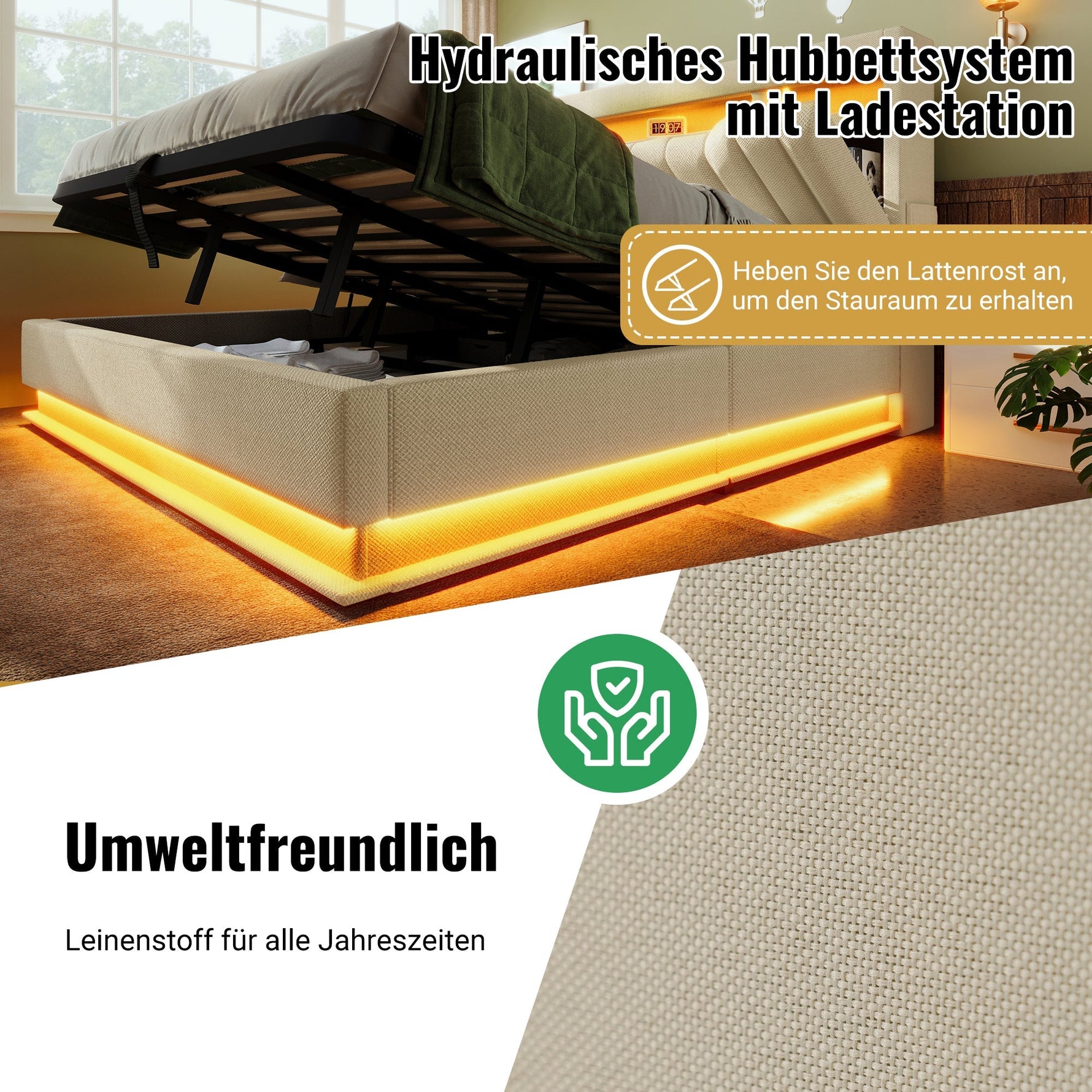 Upholstered Single Bed 90x200cm Storage Headboard LED Hydraulic, Beige Linen