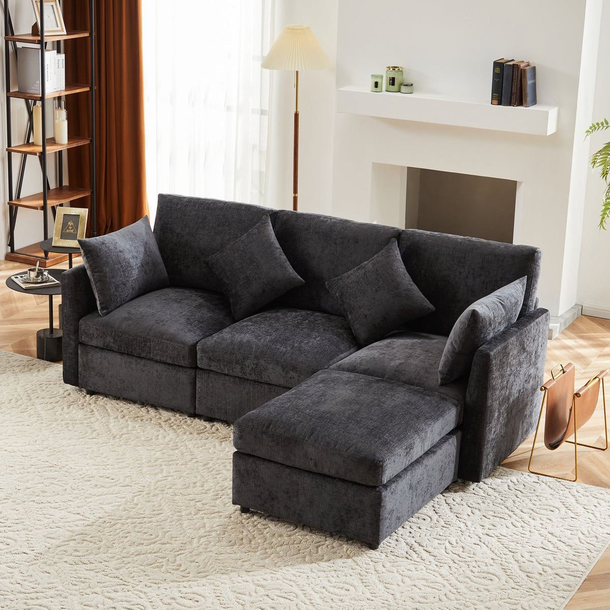 L-Shaped Corner Sofa Set with Footstool Modern Design Chenille Fabric