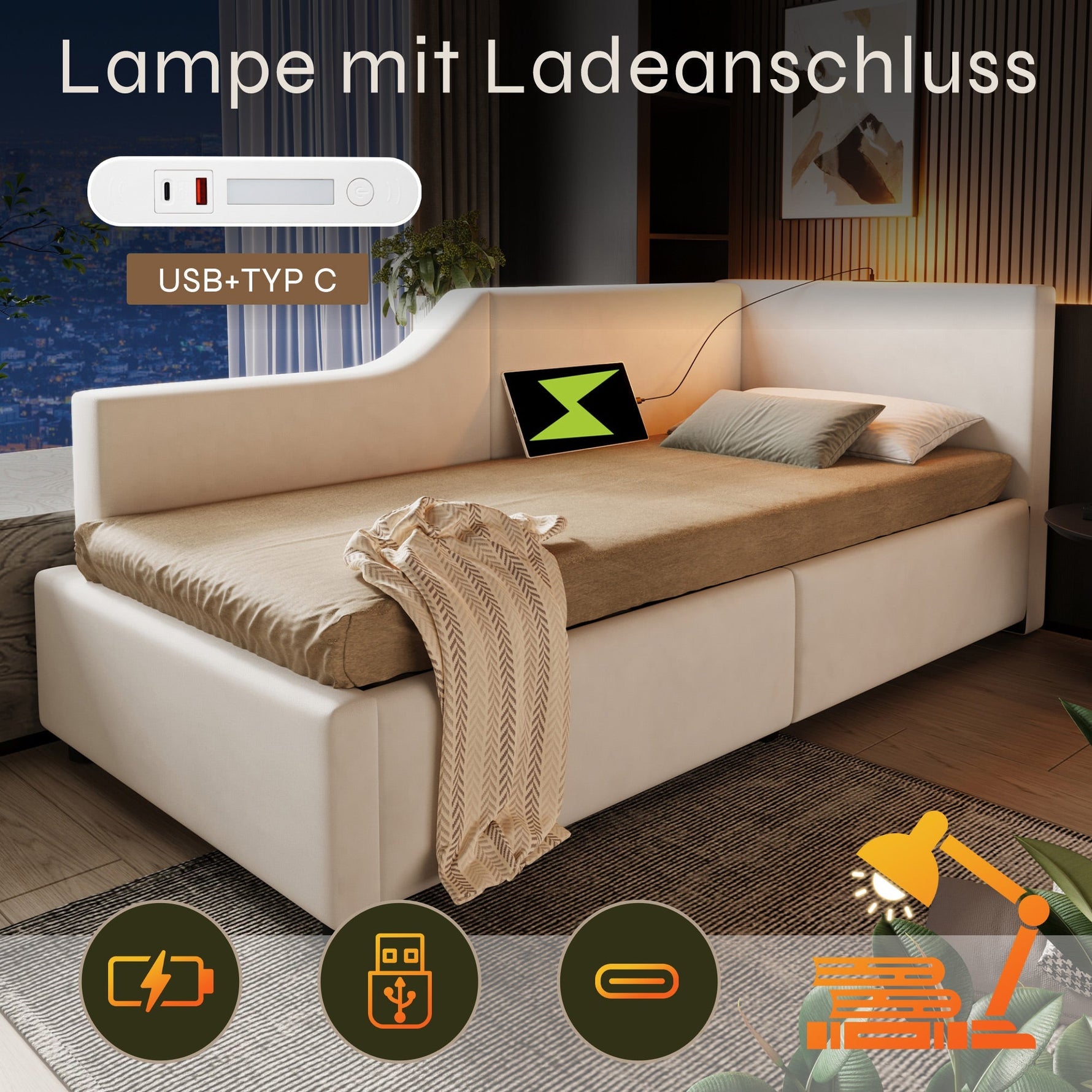 Upholstered Daybed, 90x190cm Sofa Bed with Hydraulic Storage & USB-C, Velvet Beige