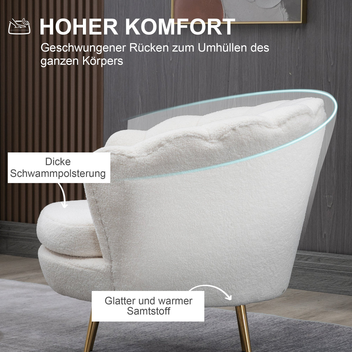 Armchair, Upholstered Shell-Shaped Recliner, Fleece, White