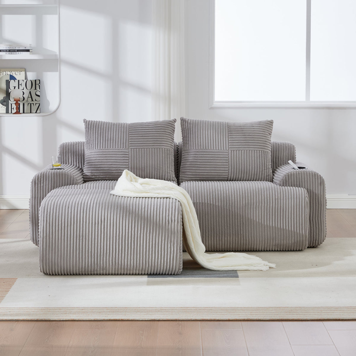 Modular Sofa for 2 People, Freely Combinable with Ottomans and Cup Holder, Light Grey Corduroy
