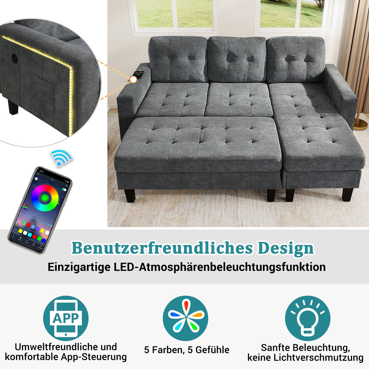L-Shaped Sofa Set, Multifunctional with Movable Footstool & LED Lighting, Modern Modular