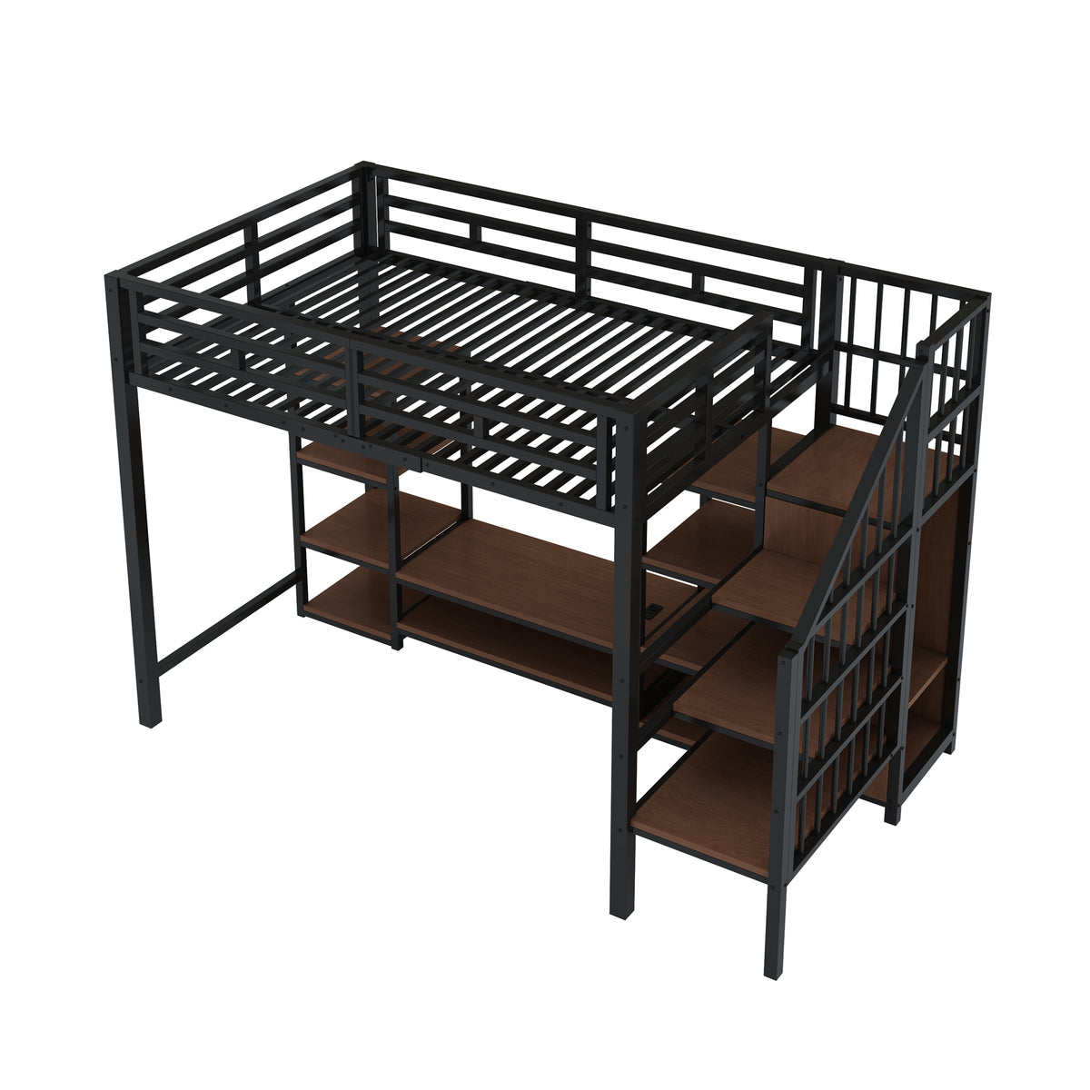 Loft Bed 90x200 with TV Stand, Power Outlet & Ladder, Black