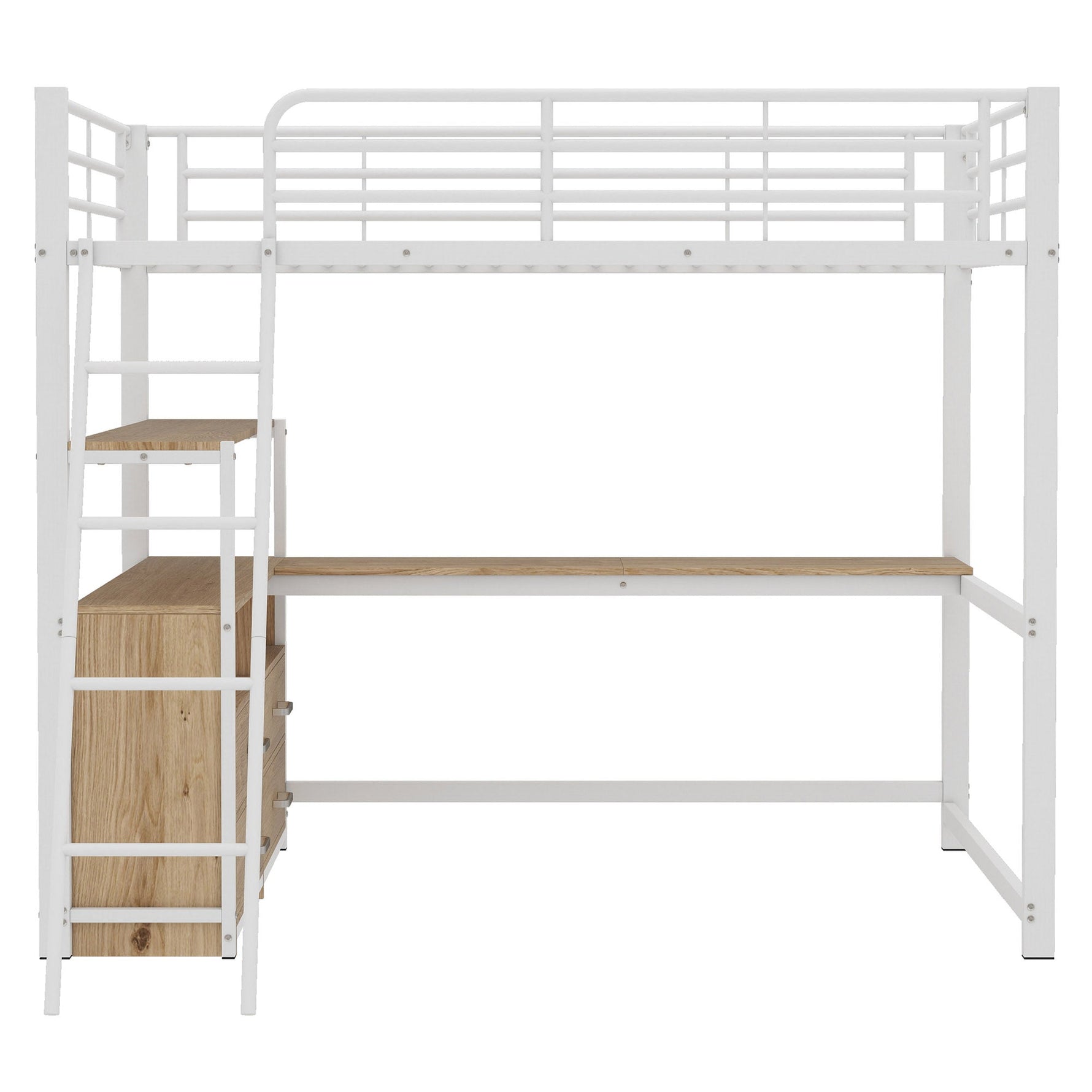 Loft Bed with L-Shaped Desk and Storage Drawers, White Metal Frame