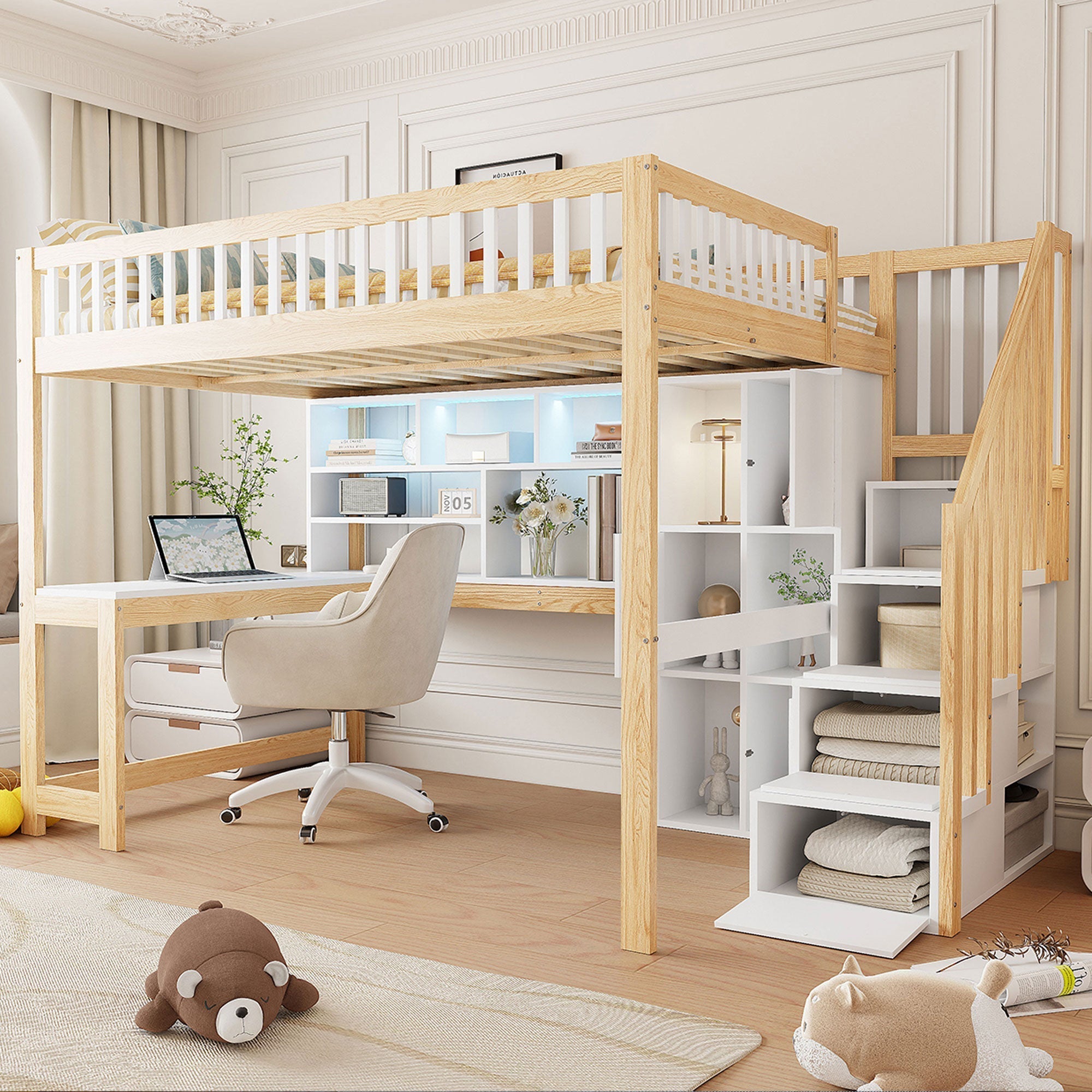 Loft Bed with Desk, LED Lights and Storage Shelves, 140x200cm, White and Natural