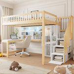 Loft Bed with Desk, LED Lights and Storage Shelves, 140x200cm, White and Natural