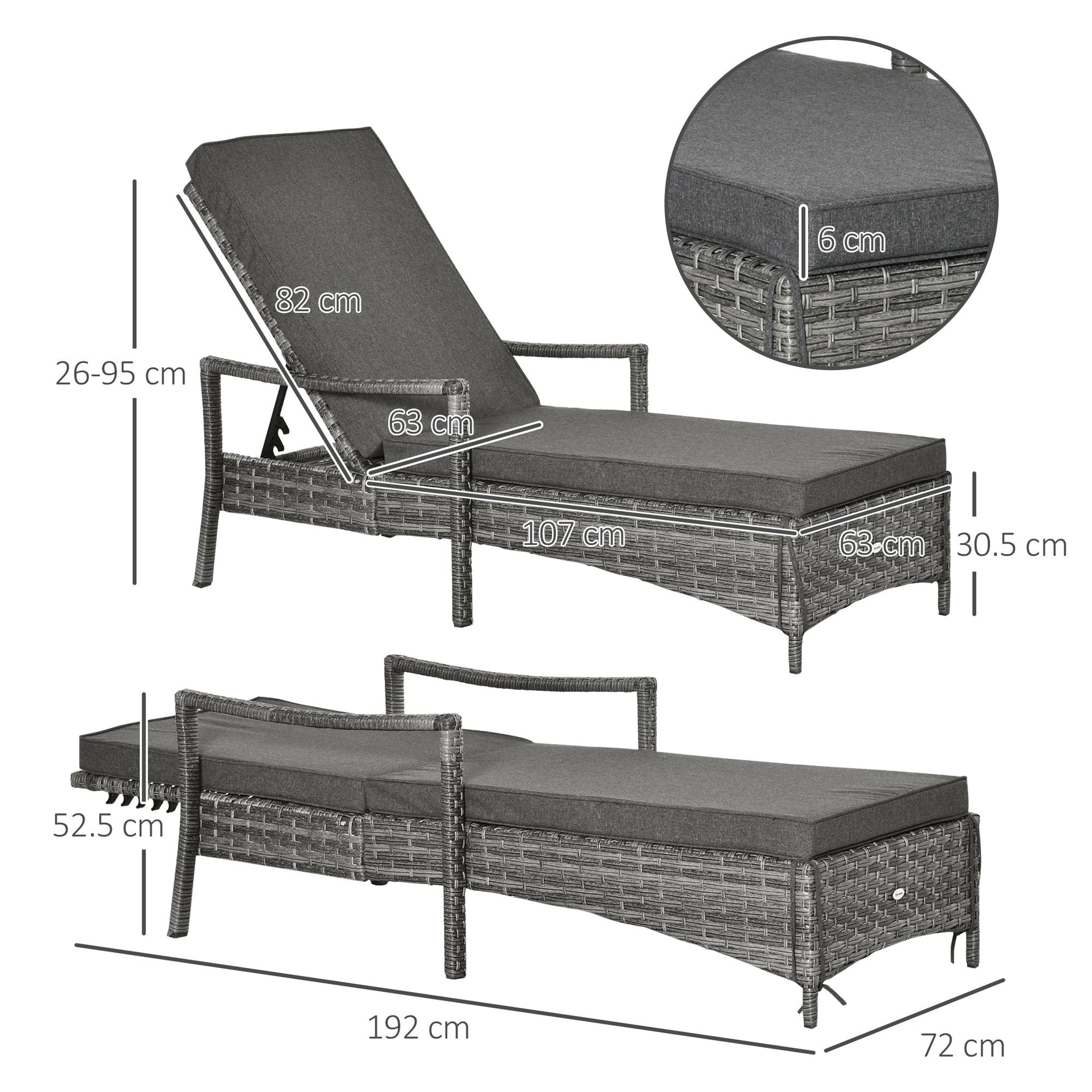 Sun Lounger, Adjustable Cushion, Rattan Grey