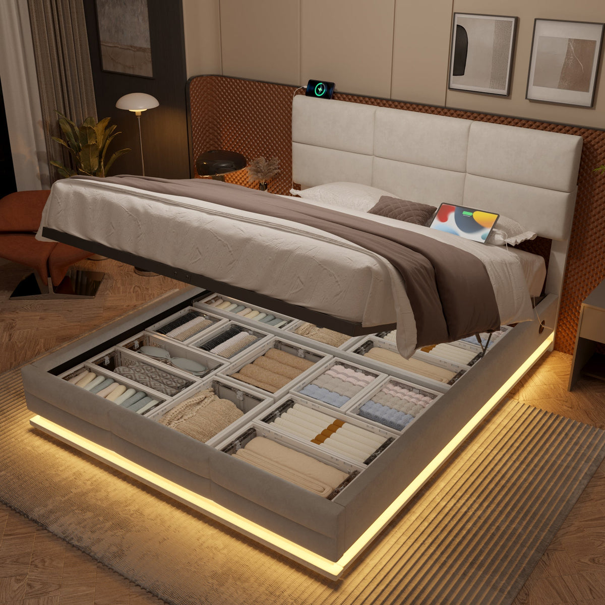 Upholstered Bed, 140x200cm Modern with Adjustable Headboard, USB/Type-C, LED, Hydraulic Lift, XXL Storage - Beige