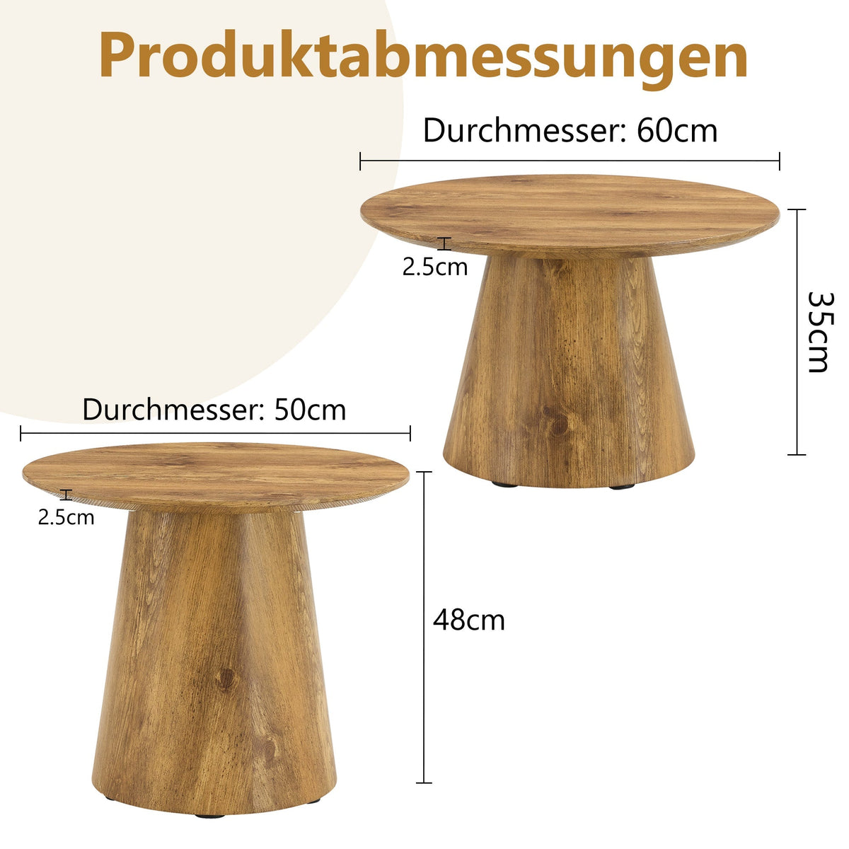 Set of 2 Round Coffee Tables, High and Low Nesting Stool Side Tables, Natural Wood Look MDF