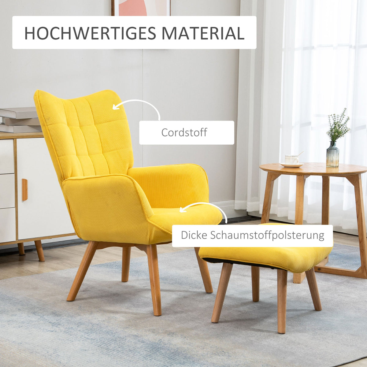 Relaxing Armchair Wing Chair with Footstool Wooden Legs, Corduroy Yellow