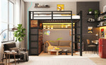 Loft Bed 140x200cm with 8 Drawers & LED Lighting, Black Metal