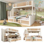 Children's Bunk Bed with Hydraulic Storage and Staircase Wardrobe, 90x200 and 140x200 cm, White and Natural Wood