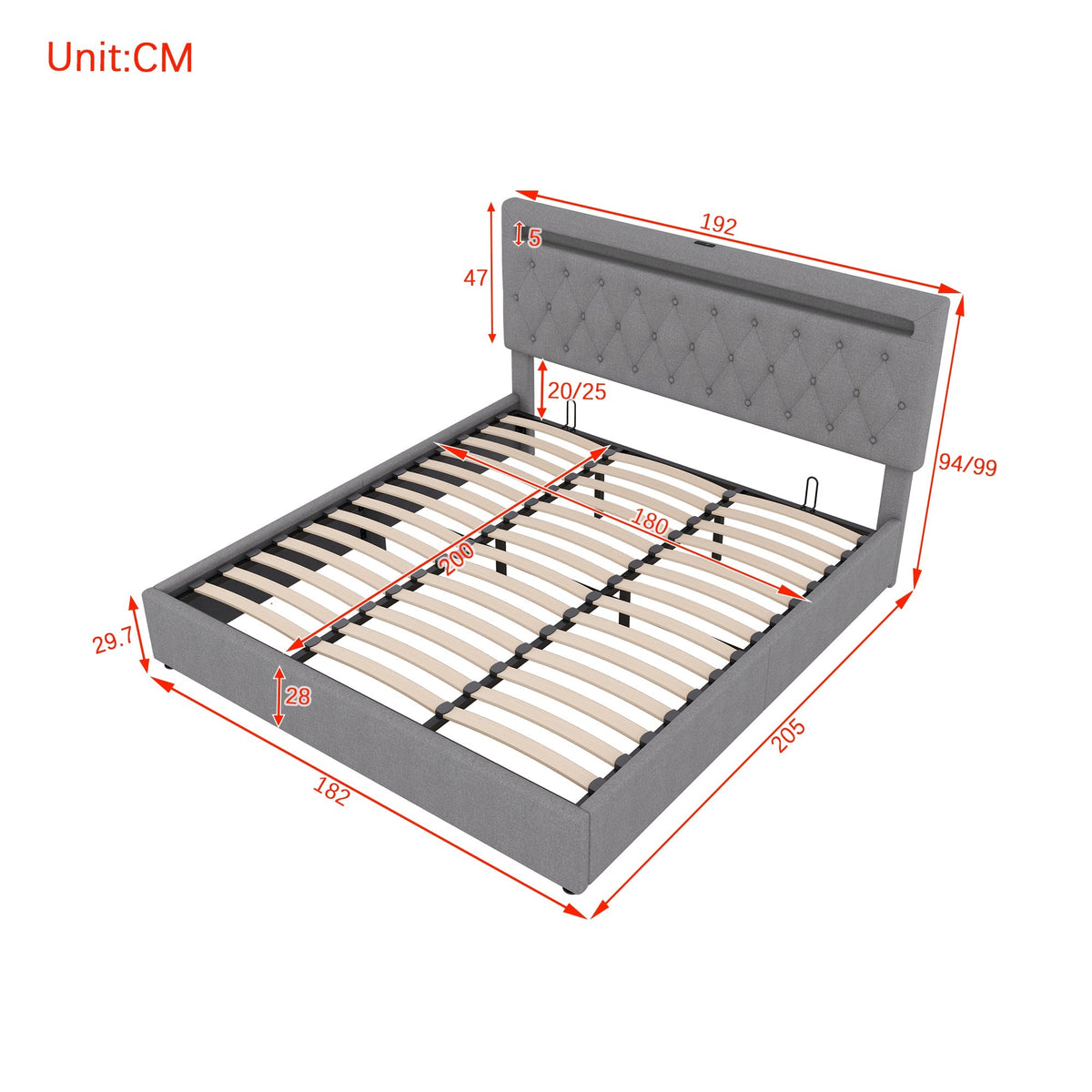 Upholstered Bed 180x200cm Hydraulic Lift Ambient Light USB - Grey