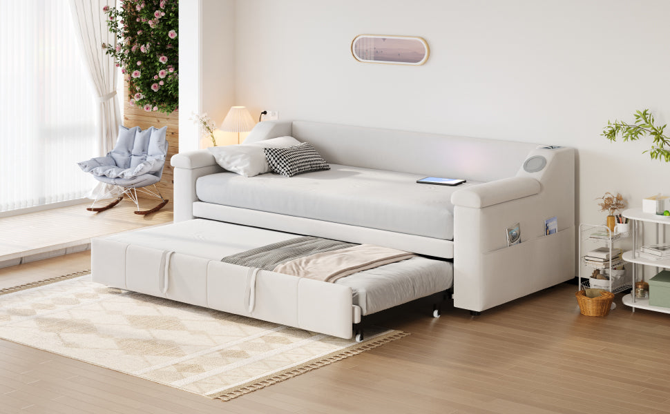 Sofa Bed, 90/180*190cm, Bluetooth, USB, Storage, Slatted Frame, Velvet Beige