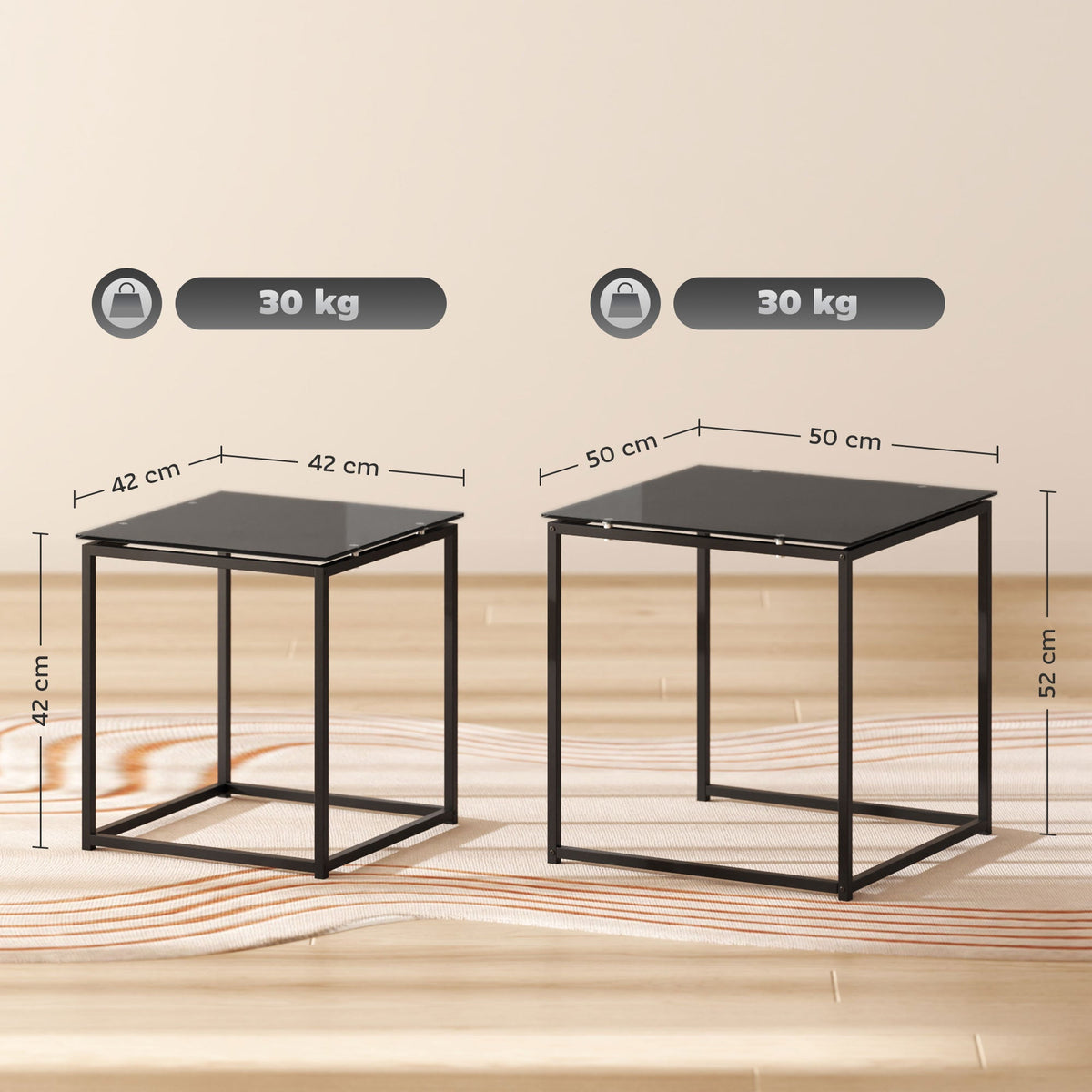 Side Table Set of 2, Coffee Table with Glass Top, Square, Black Steel