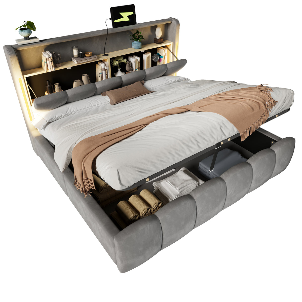 Upholstered Storage Bed 180x200 cm with LED in Velvet