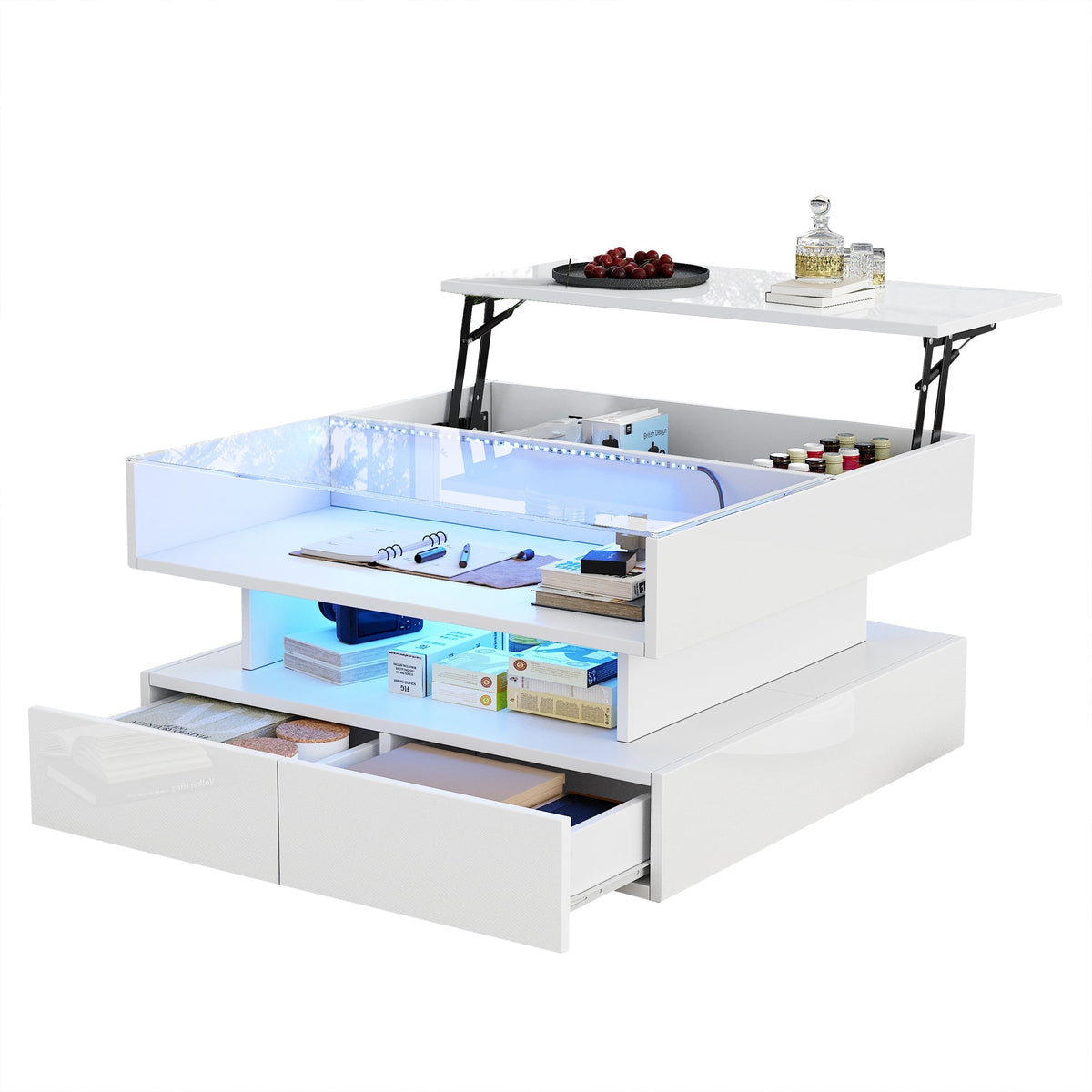 Coffee Table, 80x80x45cm Height-Adjustable Storage LED Lights Tempered Glass, White