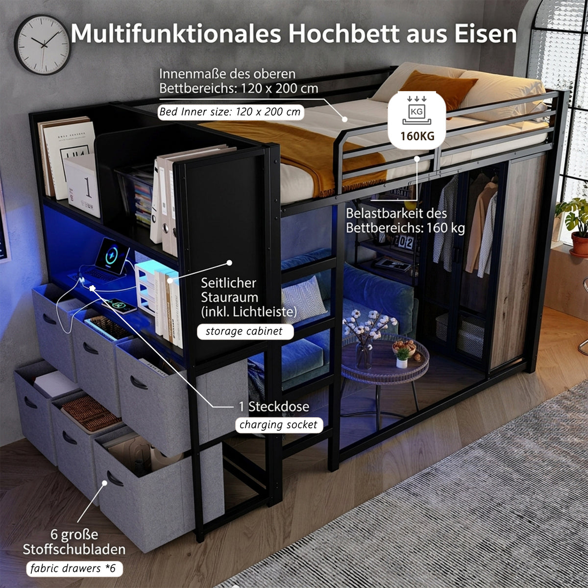 Loft Bed 120x200 cm with Storage & Charging, Black Metal