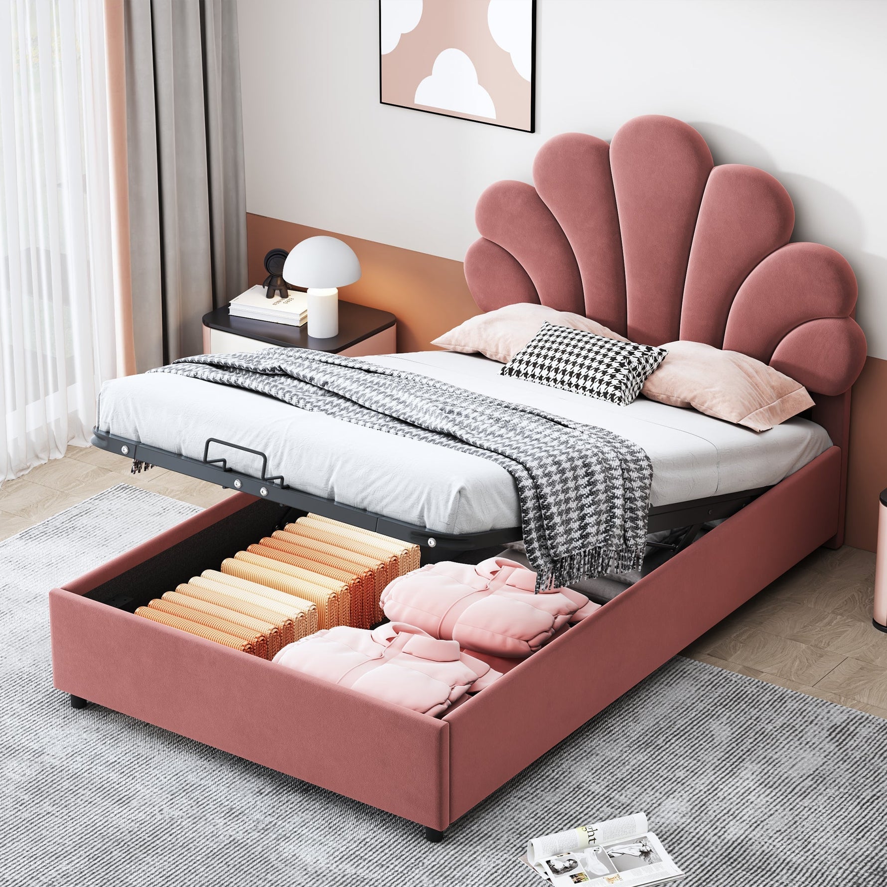 Upholstered Children's Bed 90x200cm Floral Headboard Hydraulic Storage Velvet Pink