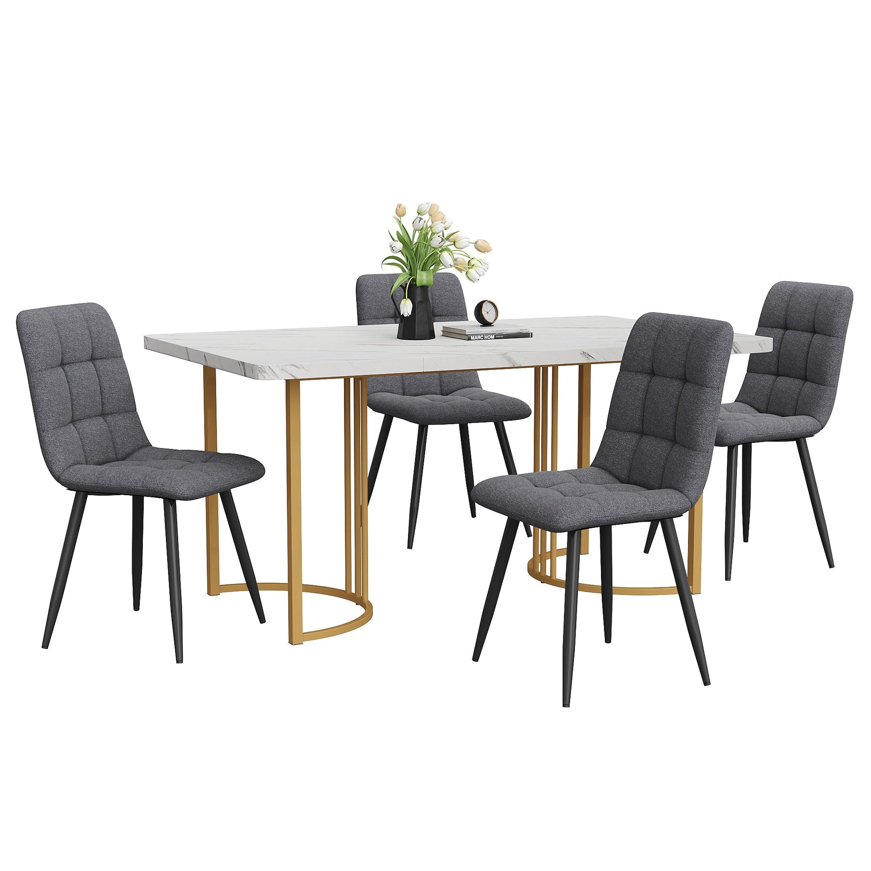 5-Piece Dining Set 140x80cm Table 4 Chairs Gold Metal Legs White MDF Dark Grey Linen