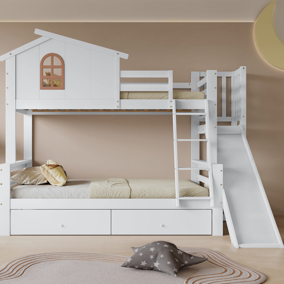Bunk Bed with Slide & Drawers, Solid Wood Frame, White
