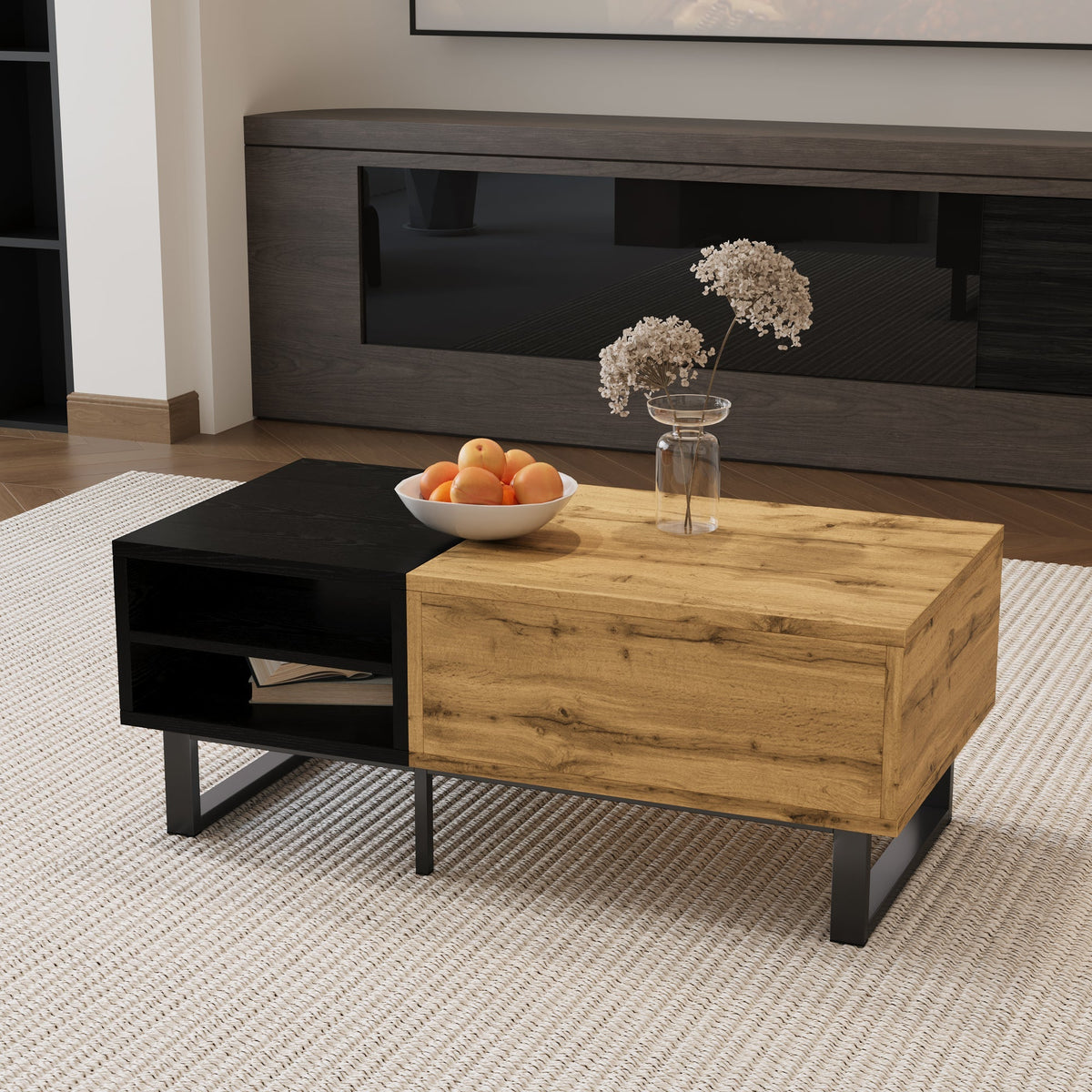 Coffee Table with Color Block, Compartments, Drawers, Metal Legs