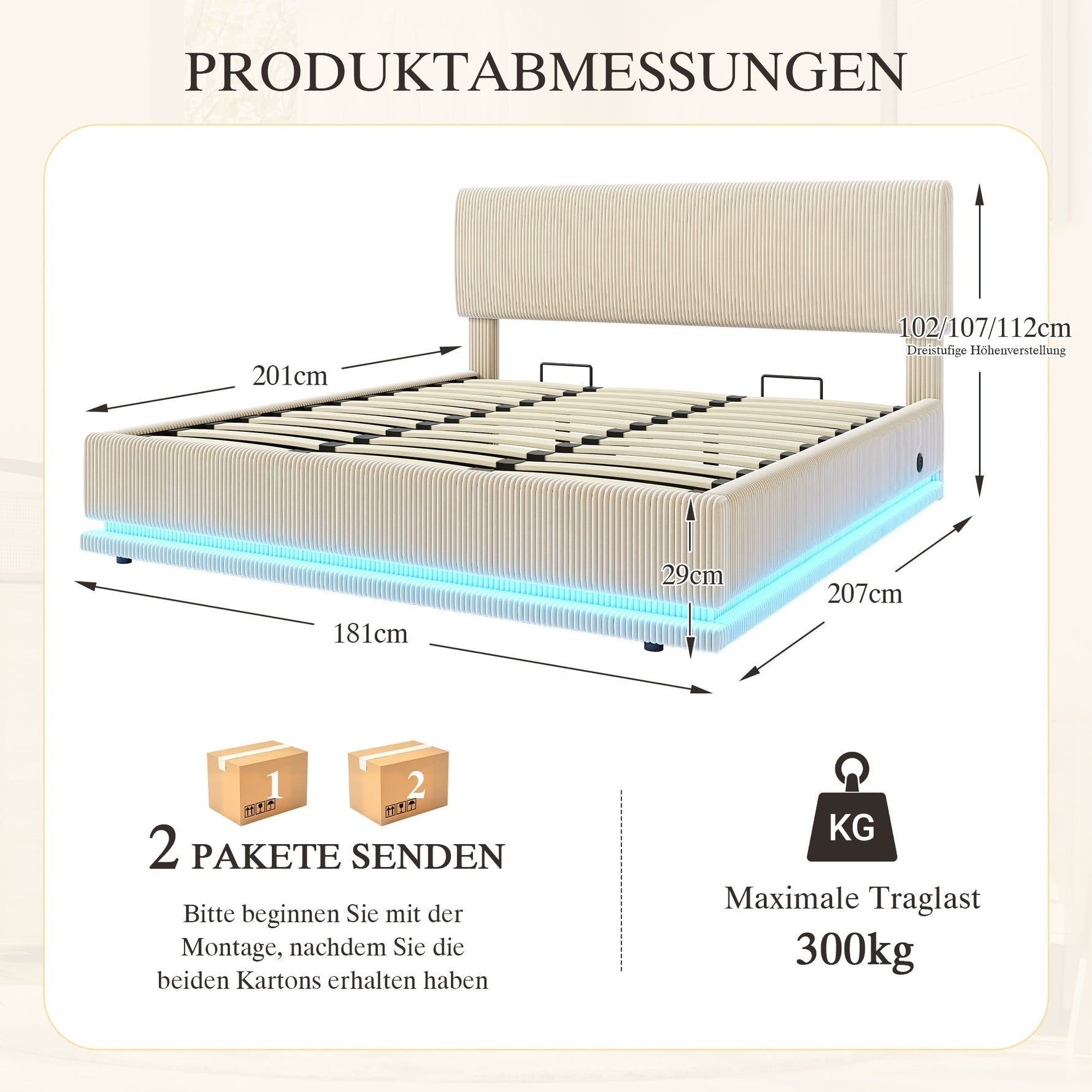 Modern Upholstered Bed with LED Lighting, USB-C and Storage, 180x200 Beige Corduroy