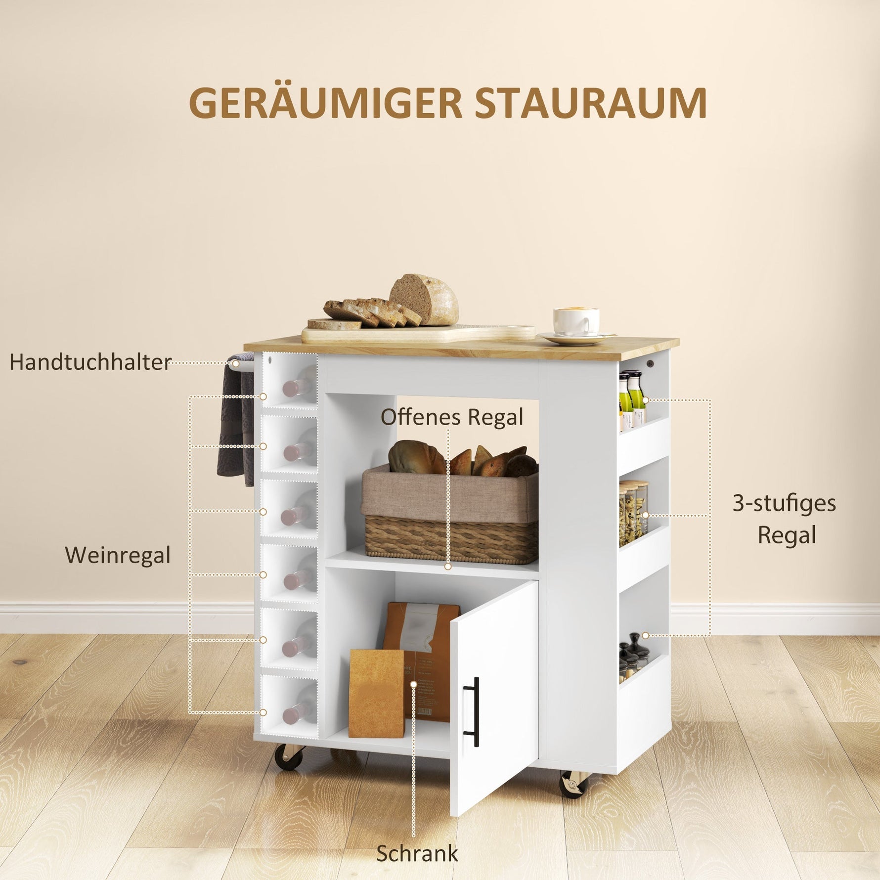 Kitchen Trolley with Worktop, Shelves, Wine Racks, Soft-Close Hinges, Oak