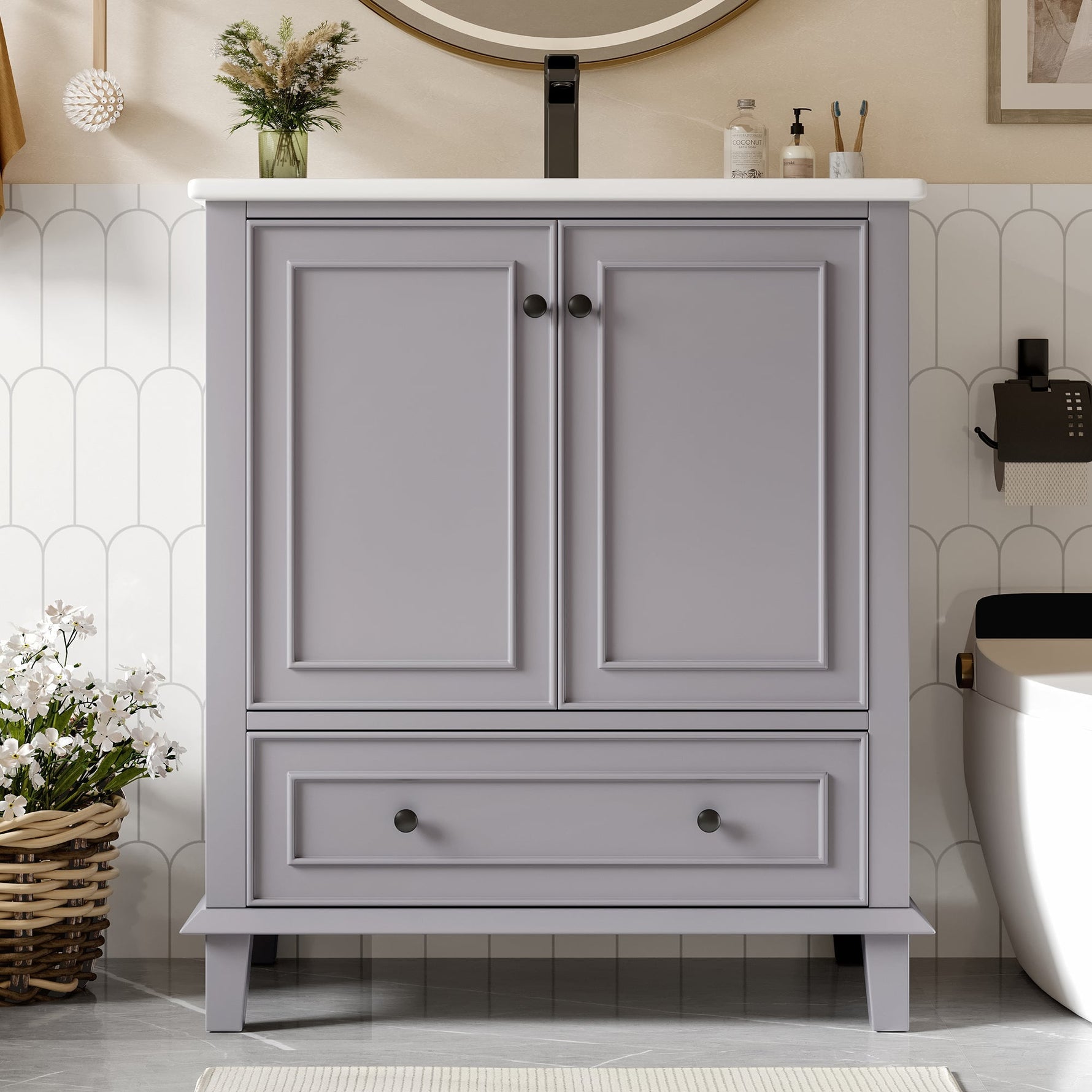 Floor-standing Bathroom Cabinet with Integrated Ceramic Washbasin and Solid Wood Legs, Grey