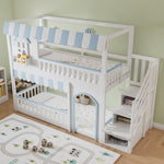 Bunk Bed with Staircase Storage and Decorative Windows, 90x200cm, White and Blue Pine + MDF + Plywood