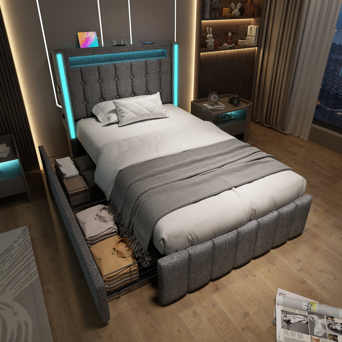 Upholstered Bed with USB & LED, 2 Drawers, Wooden Slatted Frame, Grey