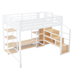 Loft Bed with TV Stand, Power Outlet and Safety Ladder, 140x200cm, White Metal and Wood
