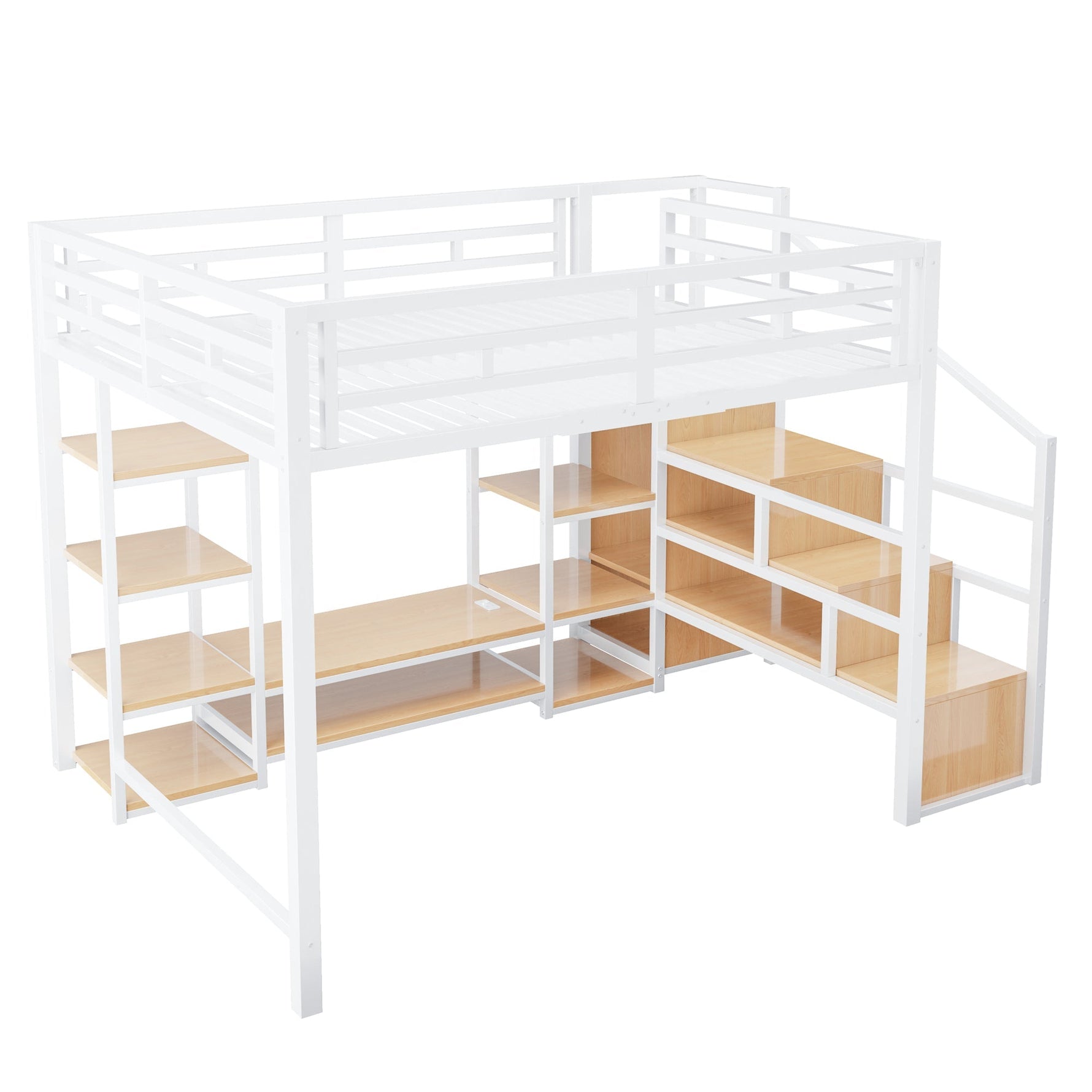 Loft Bed with TV Stand, Power Outlet and Safety Ladder, 140x200cm, White Metal and Wood