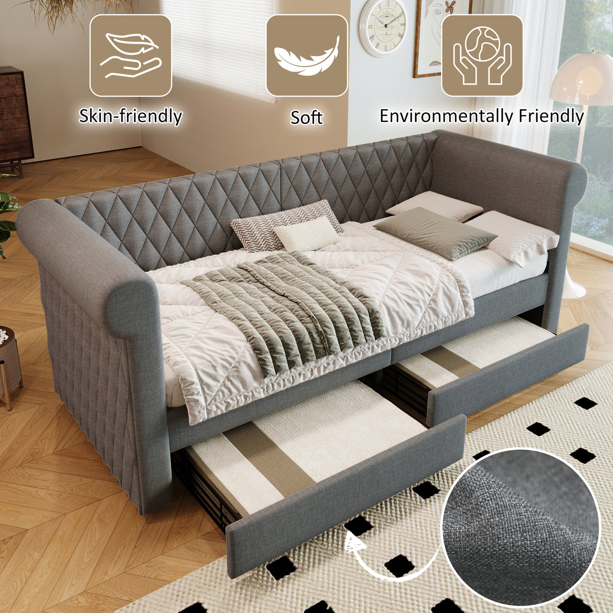Vintage Upholstered Daybed 90x200cm with 2 Drawers, Grey Linen