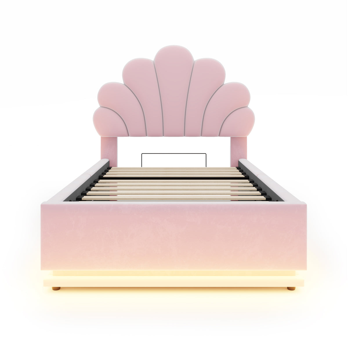 Upholstered Bed 90x200cm, Flower Headboard & Storage, Pink Velvet