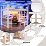 Loft Bed 140x200cm with Desk, Shelves & LED Lighting, White