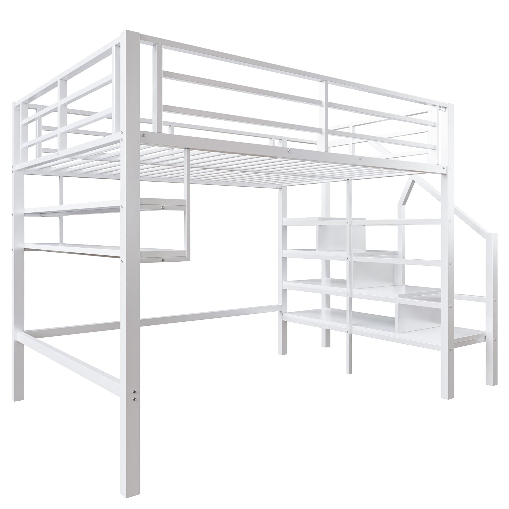 Loft Bed with Storage Ladder and Shelves, 140x200cm, White