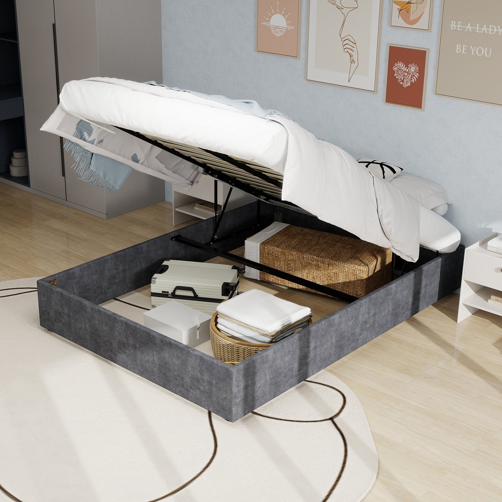 Bed Frame 160x200cm Lift Storage - Dutch Velvet Grey