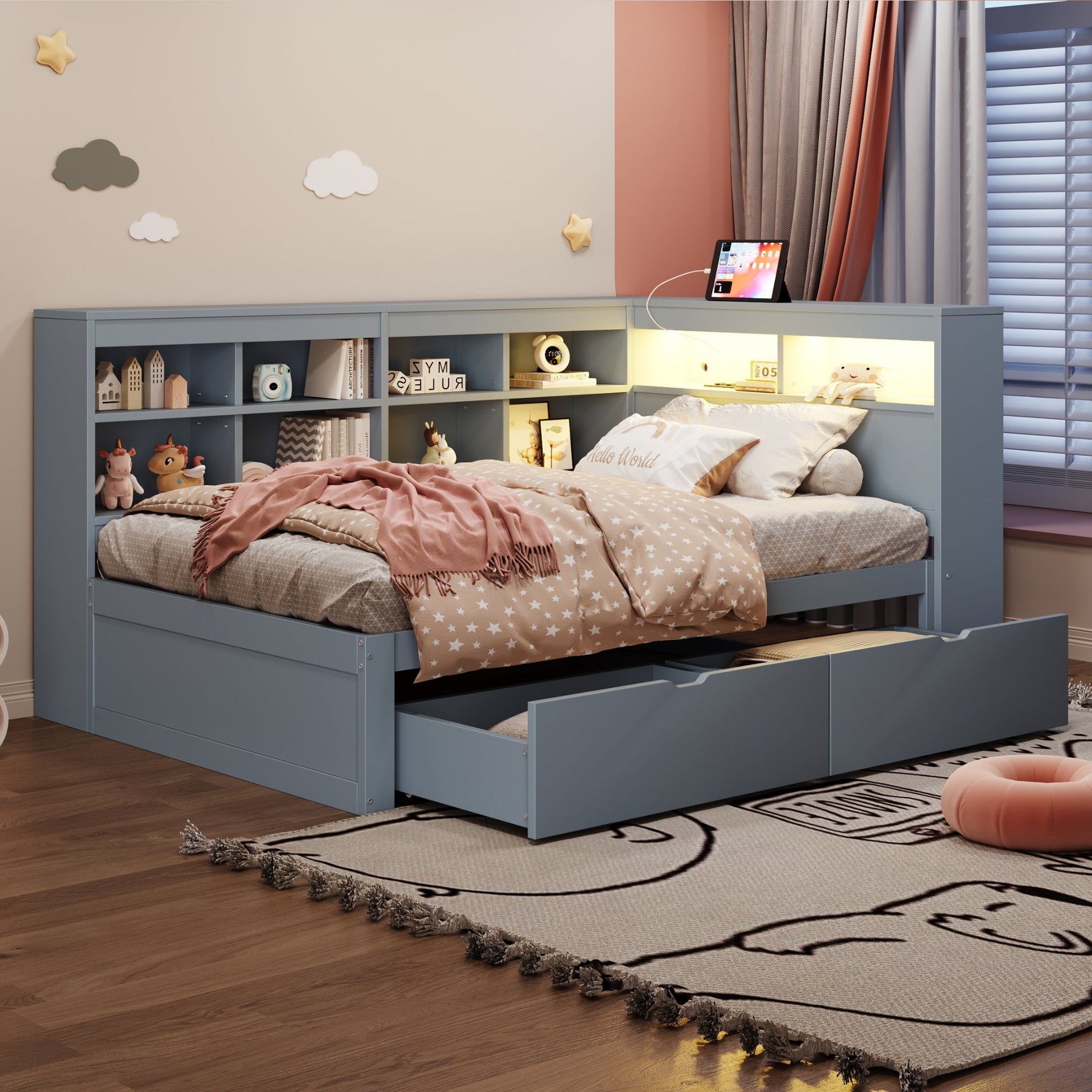 Solid Wood Sofa Bed 90x200cm Multifunctional Storage USB LED Grey