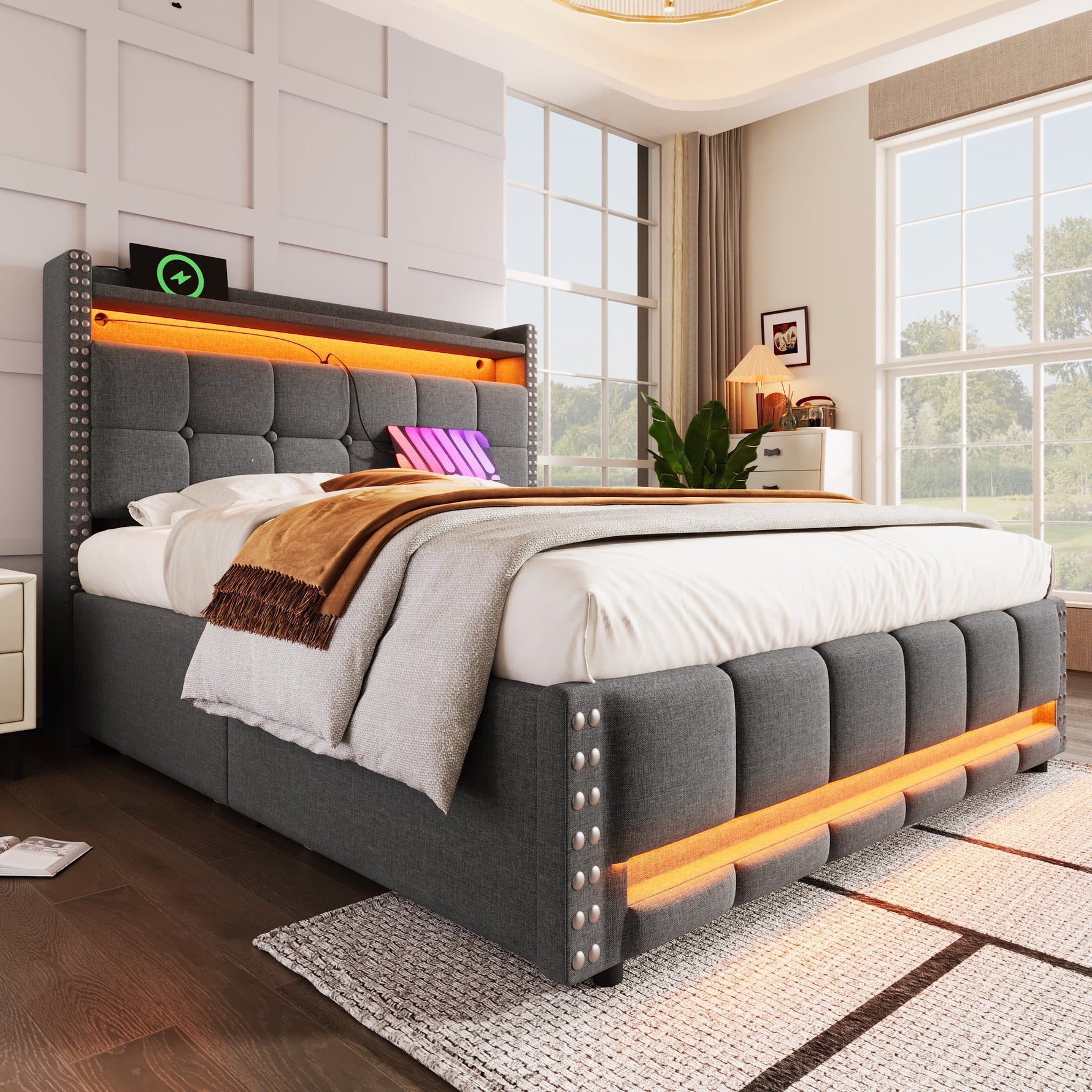 Upholstered Bed 140x200cm, LED & USB, 4-Drawer Storage, Linen Gray