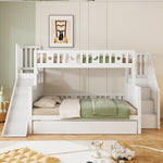 Children's Bed, Bunk with Slide, Shelf, Trundle & Slatted Frame, Solid Wood, White