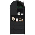 Tall Arched Storage Cabinet with Drawers, Doors & Open Display Area - Black